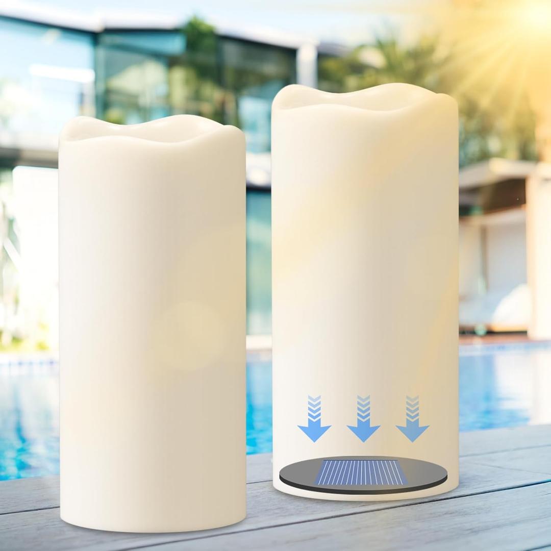 Eldnacele Outdoor Solar Candles Waterproof, 8"3" Rechargeable Solar Powered Flameless Flickering Candles Dusk to Dawn Plastic White LED Pillar Candle for Patio Porch Wedding Decor Set of 2