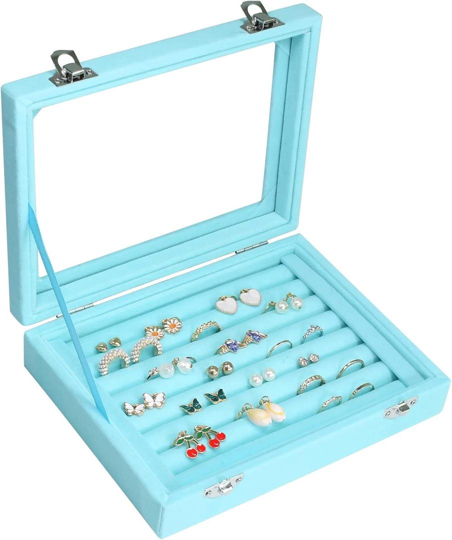 Vicoter Rings Organizer Tray 7 Slots Velvet Jewelry Earring Storage Box with Transparent lLd Jewelry Display Case for Girls Wife Mom Women (Light Blue)