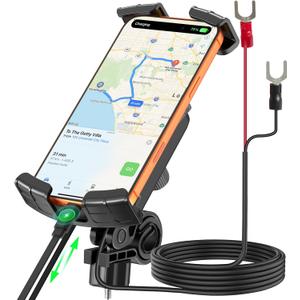 Motorcycle Phone Mount,with USB Charger (QC3.0/PD3.0 Fast Charging),Built-in Retractable Type-C Data Cable,with Motorcycles and Electric Bicycles,Compatible with All Phones from 4.7-6.8"
