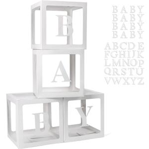 Baby Boxes with 42pcs Letters for Baby Shower Transparent Balloon Boxes Clear Balloon Box Blocks for Boy Girl Gender Reveal Party and Birthday Party (White)