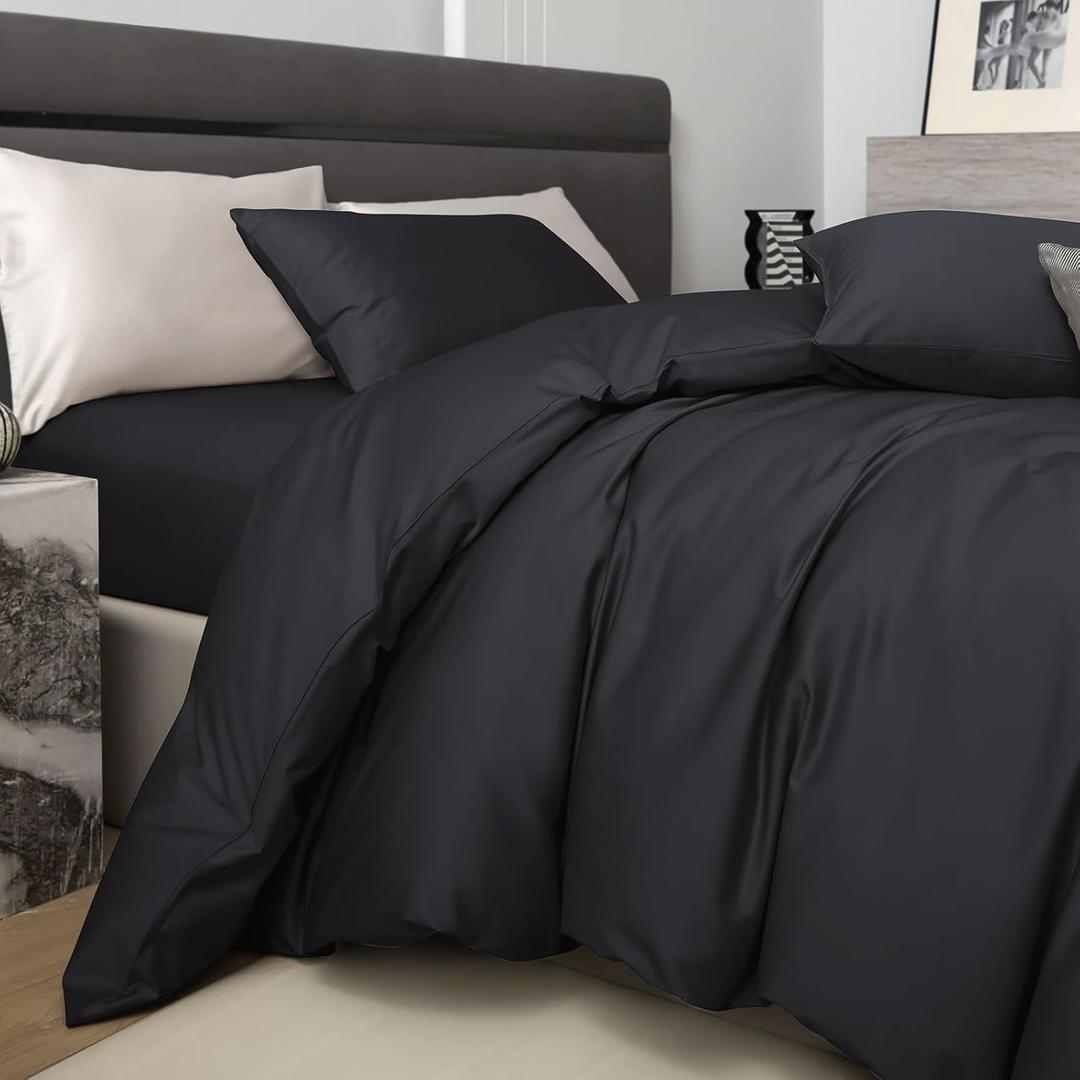 PURE ERA Duvet Cover Set 800 Thread Count Long Staple Cotton Sateen Soft Luxurious Smooth Solid Black Queen 3 Piece Set