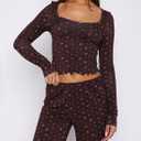 Dressmine Women Casual Pajamas Set 2 Piece PJs Sexy Square Neck Long Sleeve Tops Cute Pants Sets Srping PJ Clothes Coffee-Pink Flower,S (Brown, S)