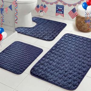 Drydiet 3 Pcs Patriotic Bathroom Rugs Set 4th of July Bath Mat Soft Absorbent U-Shaped Contour Toilet Rug Non-Slip Quick Dry Blue Star Carpets for Memorial Day Independence Day Bathroom Decor