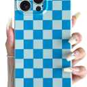 Skyseaco Compatible with iPhone 15 Pro Max Case Cute Checkerboard Checkered Pattern Design Soft Slim TPU Phone Case Shockproof Full Camera Protection for Women Girls - Blue