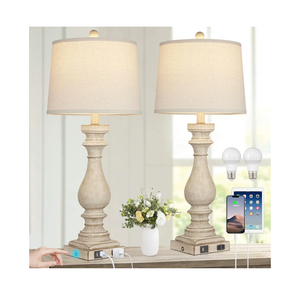 29" Farmhouse Table Lamp for Living Room Set of 2,Vintage Bedside Lamps with USB C+A Ports & AC Outlet,3-Way Dimmable Touch Control White Washed Finish Nightstand Lamp for Bedroom,Beige