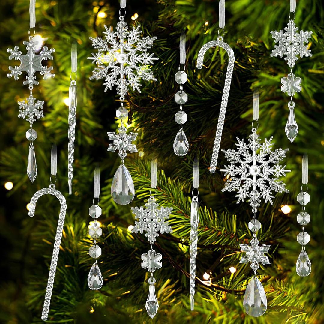 24 pcs Crystal Christmas Ornaments, Hanging Acrylic Snowflake for Christmas Tree Decorations Clear Crystal Ornaments with Icicle Drop for Xmas Decor New Year Party Wedding Home Decor Indoor Outdoor