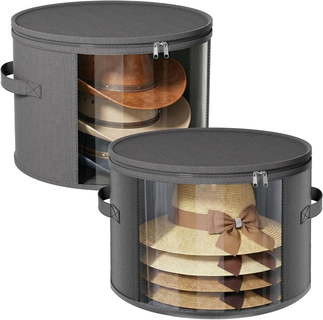 Ofiray-home 2 Pack Large Clear Hat Storage Boxes, Hold up to 7-9 Hats, Hat Organizer for Closet, Durable & Foldable, Hat Box with Carrying Handles for Round Brim, Wide-Brim, Cowboy, Sun Hat (Gray)