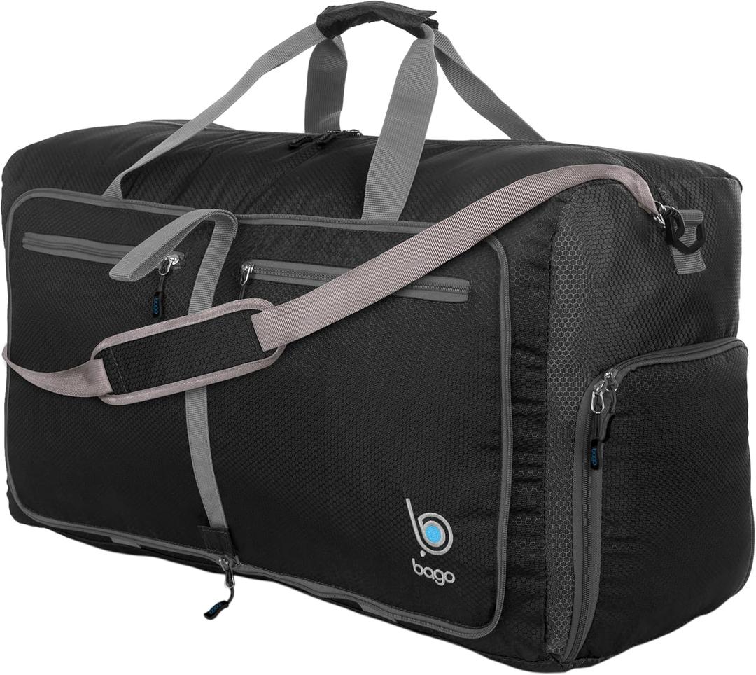 Bago Large Foldable Duffel Bags for Traveling Women & Men - 80L Packable Duffle Bag for Travel with Shoe Compartment - Water Repellant, Heavy Duty, Lightweight Folding & Collapsible (Black)