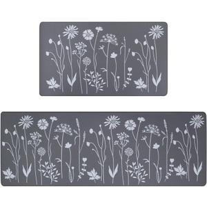 Rempry 2 Pcs Kitchen Rugs and Mats, Cushioned Anti-Fatigue Floor Mat, PVC Non-Slip Waterproof Kitchen Rug Set for Kitchen, Office, Sink 17"x47"+17"x29" (Grey)