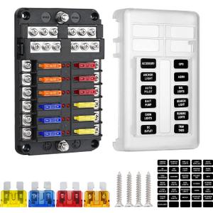 12 Way 12V Blade Fuse Block,12 Circuit ATC/ATO Fuse Box Holder with LED Indicator Waterpoof Cover for 12V/24V Automotive Truck Boat Marine RV Van Vehicle (with 16 pcs Fuse)
