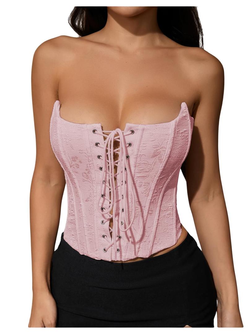 MakeMeChic Women's Renaissance Corset Bustier Tops Shapewear Strapless Top (Pink, M)