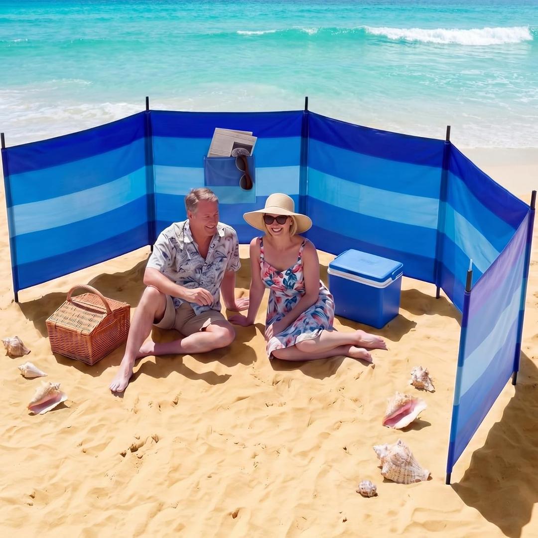 Remagr 20ft Beach Wind Screen Set Wind Blocker Beach Barrier Striped Portable Fence Sand Blocker Long Privacy Screen with 6 Metal Poles & Carry Bag Sunbathing Privacy Screens for Summer Outdoor Sand
