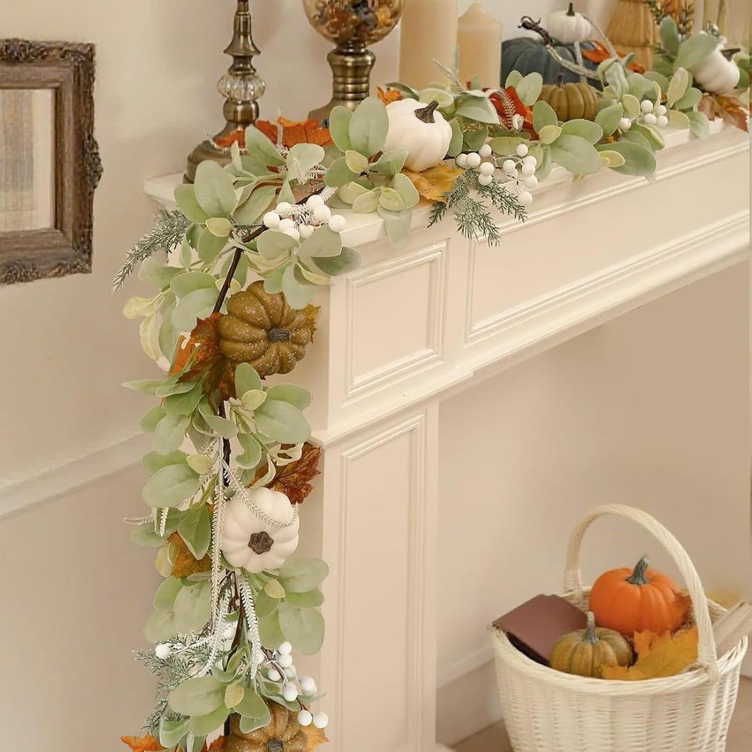 Joyhalo Fall Leaf Garland for Mantle Decor, 6ft Greenery Lambs Ear Leaves Garland with Pumpkins for Table, Mantle, Fireplace, Autumn and Thanksgiving Decorations