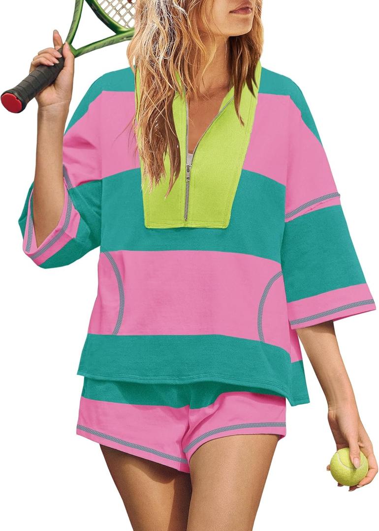 Yanekop Womens 2 Piece Outfits Summer Striped Workout Set Two Piece Matching Lounge Sets Half Sleeve Tops and Short Sets (Medium, Hot Pink Green)