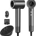 Hair Dryer, 150000 RPM Brushless Motor with 500M Negative Ions, Fast-Dry Lightweight Design, ThermoControl & Magnetic Nozzle/Diffuser, Low Noise Salon Blow Dryer for All Hair, Travel, Home, Dark