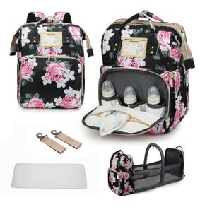 Diaper Bag Backpack Waterproof Baby Bag Large Capacity Multifunction Nappy Bags Floral Insulated Durable Travel Maternity Back Pack with Changing Station for Baby Black