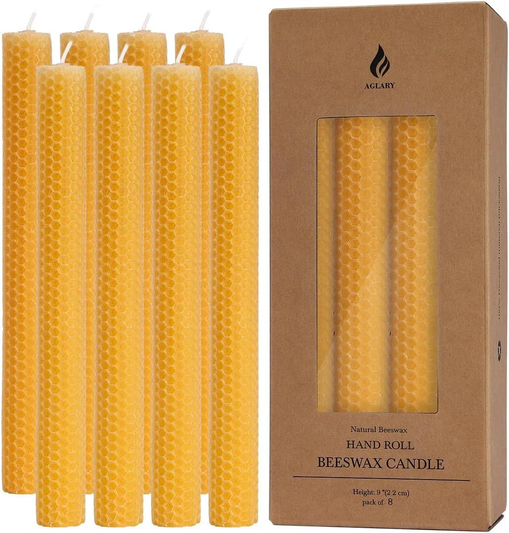 8PCS 9" Hand-Rolled Beeswax Taper Candles, Real Pure Beeswax, Handmade Honeycomb Candles, Flat Top, Brown Raw