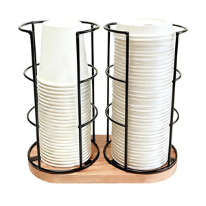 Metal 2-Compartment Coffee Cup Dispenser with Wood Base, Disposable Cup, and Lid Organizer for Countertop, Suitable for Gyms, Offices, Kitchens, Cafes（Black）