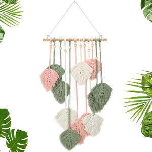 Oudain Large Macrame Wall Hanging Leaves Boho Green Leaf Macrame Tapestry Decor Leaf Feather Woven Hanging Wall Art Bohemian Decoration for Bedroom Living Room Nursery 16.5 x 35.4 Inch(Pink)