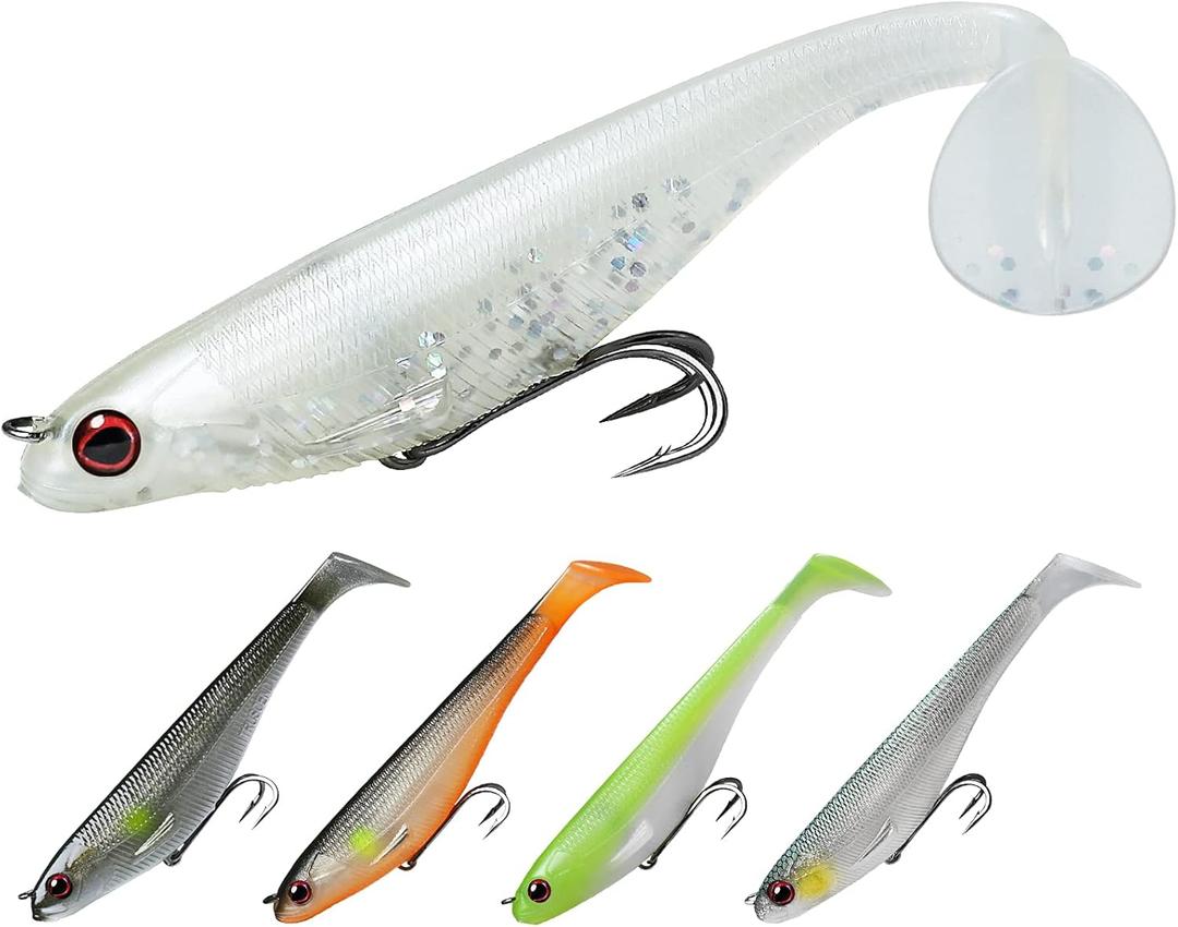 TRUSCEND Easy Catch Pre-Rigged Soft Lures, Unique Vibrating Swim Action and Trembly Sinking Move for More Bites, Amazing Soft Swimbait for Family Fishing, Fishing Lures for Bass Trout Crappie Walleye (B3-5",3/4oz)