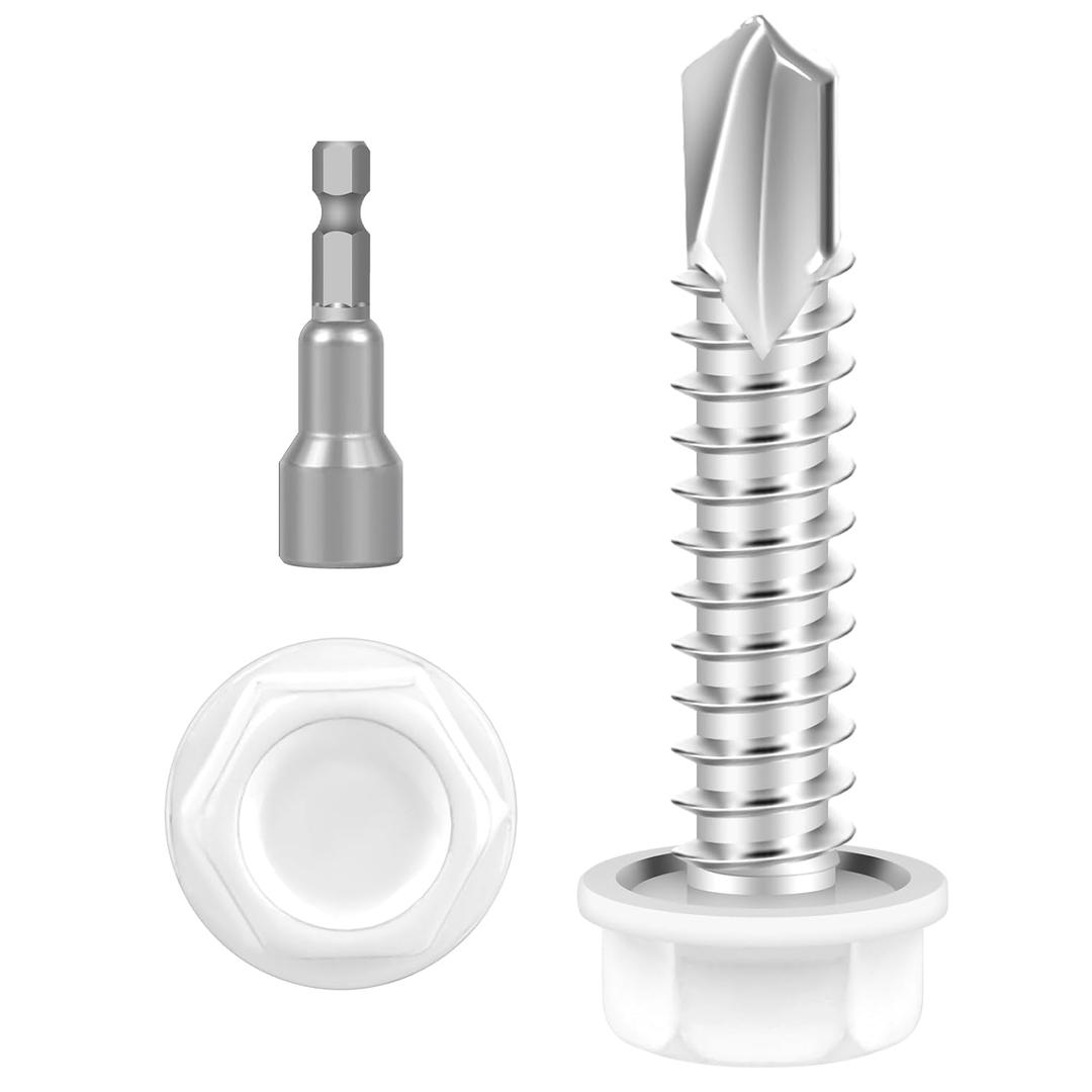#8 x 1 (100 PCS) White Head Sheet Metal Screws, Hex Washer Head Self Drilling Screw, Flanged Hex Fast Self Tapping Screws, Carbon Steel, Full Thread, Hex Bit Socket Included