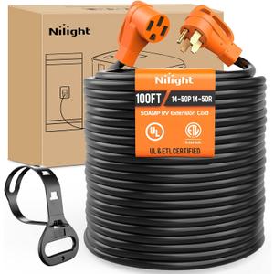 Nilight 50 Amp 100FT RV EV Extension Cord 250V Heavy Duty 6/3+8/1 Gauge Pure Copper STW Wire UL ETL Listed 4 Prong Nema14-50P 14-50R 50F/50M Cable Suit for RVs EVs Trailer Campers