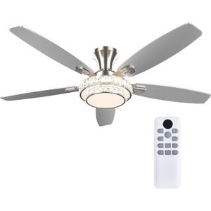 Ceiling Fans with Lights-Crystal Ceiling Fan,52" Low Profile Ceiling Fan and Remote Control, Flush Mount, Reversible, 3CCT, Dimmable, Noiseless, Brushed Nickel for Bedroom