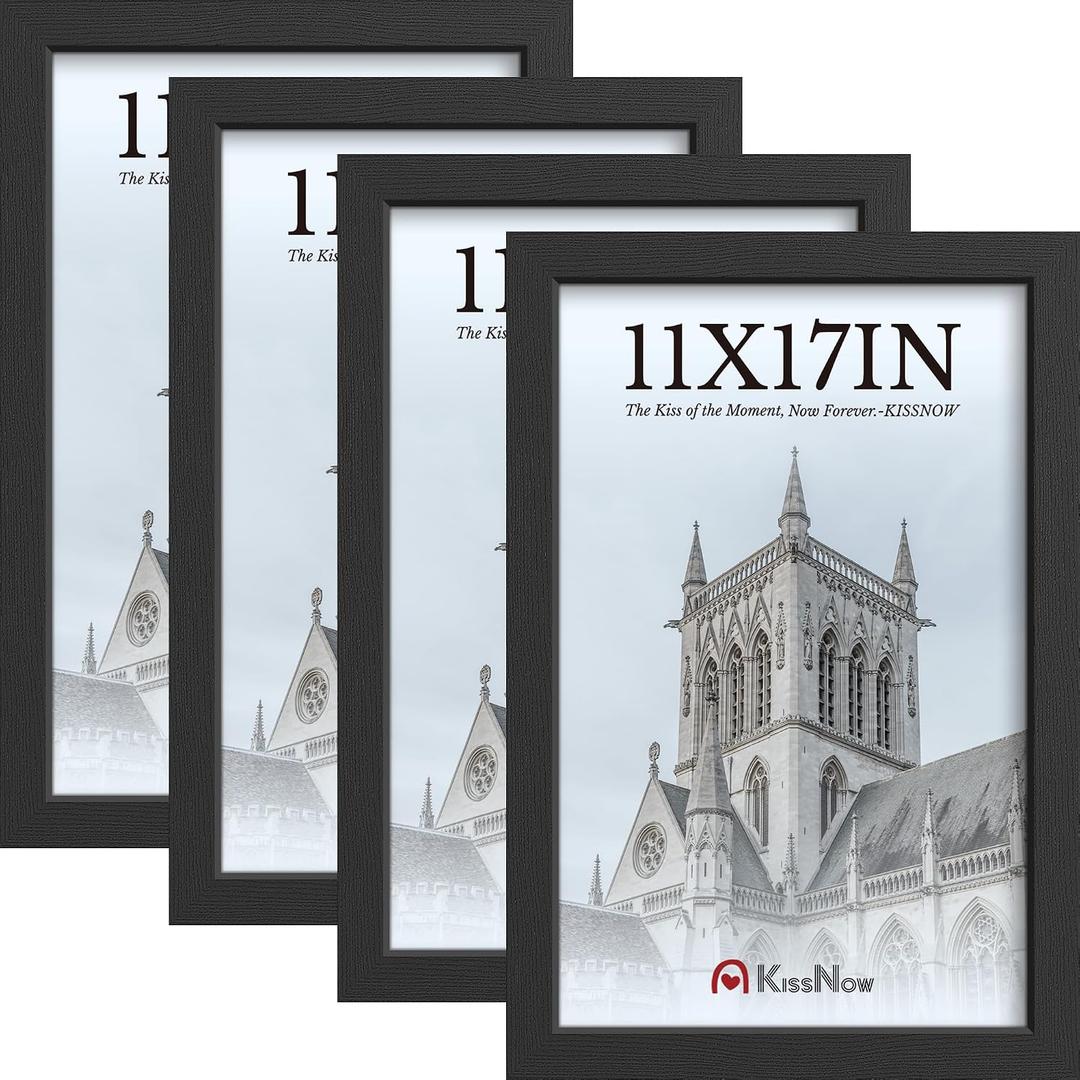 11x17 Picture Frame 4 Pack, Textured Black Solid Wood, Wall Gallery Poster Frame