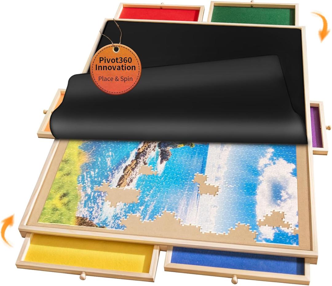 2000 Piece Rotating Puzzle Board Pro, 40" x 29" with 6 Drawers, Rubber Cover Mat, 360 Lasy Susan, Sort-Wise Colorful Felt Drawers & 4 Trays, Wooden Jigsaw Puzzle Table, Birthday Gifts for Mom (Multicolor)