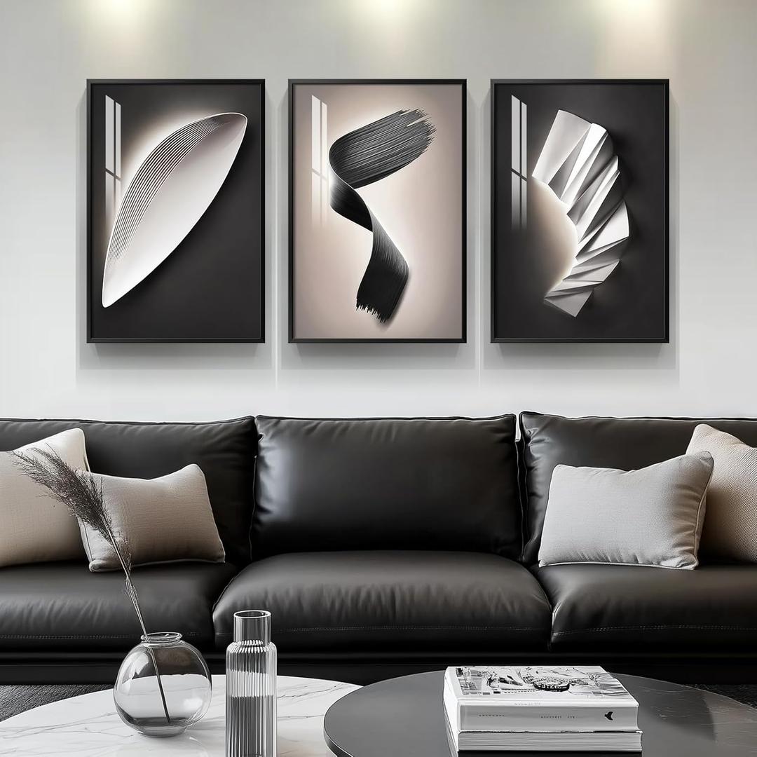 Framed Modern Black and White Abstract Wall Art for Living Room, Large Bright Style 3 Piece Wall Decor, Artwork for Walls, Paintings Pictures for Bathroom, Kitchen, Dining, Office 16x24 Inch (24" H x 48" W, Black and White Bright Style)