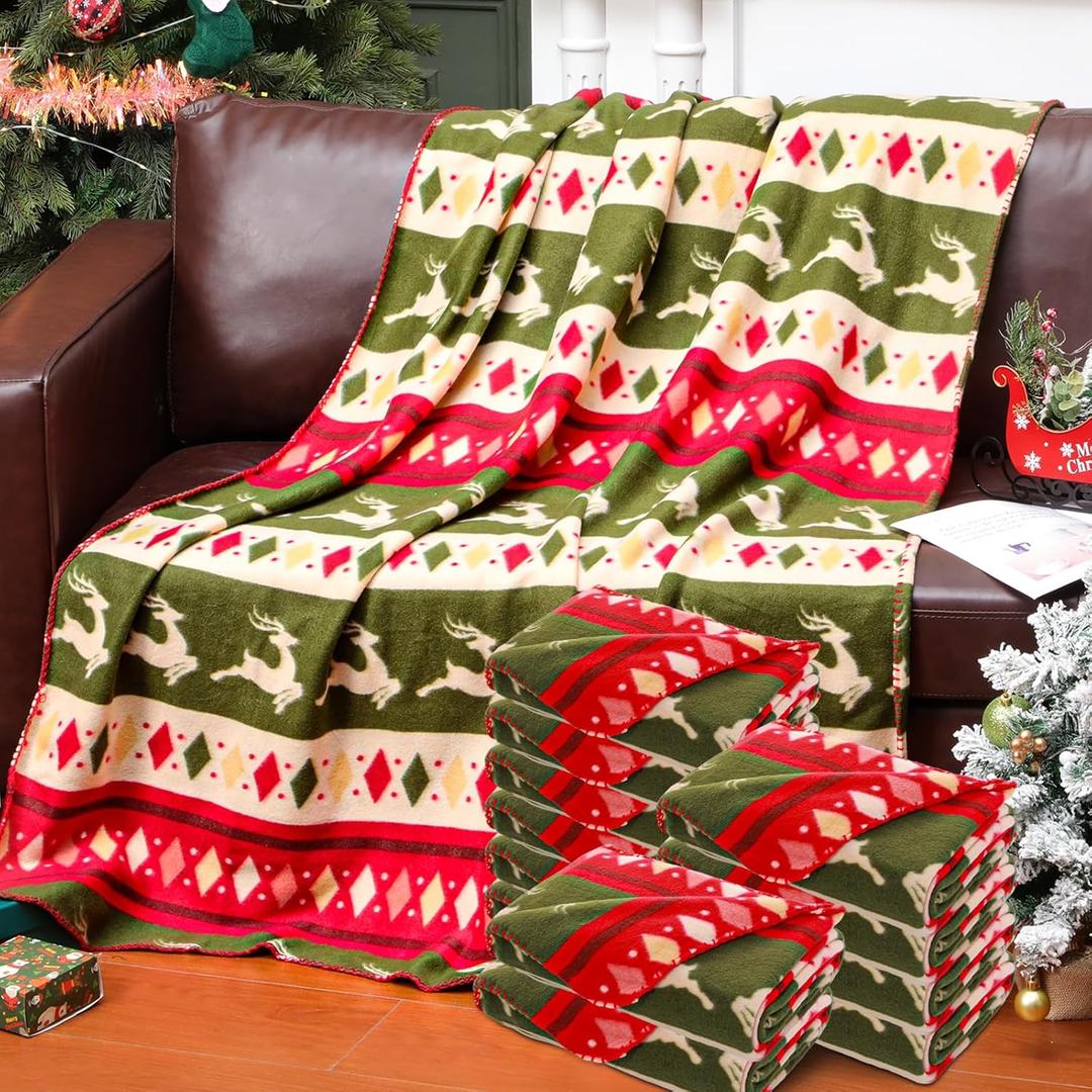 Preboun 12 Pack Christmas Fleece Throw Blankets Bulk 50 x 60 Inch Lightweight Xmas Holiday Printed Throw Blanket Christmas Reindeer Blanket for Couch Bed Sofa Travel Camping Homeless Donate Pet