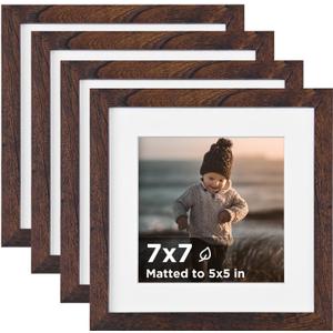 KINLINK 7x7 Picture Frame Brown Set of 4, Wooden Square Photo Frames Matted 5x5 with Plexiglass for 5x5 with Mat or 7x7 without Mat for Table and Wall Display