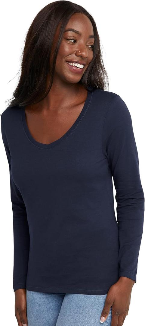 Hanes Womens Originals Long Sleeve Cotton V-Neck T-Shirt, Lightweight V-Neck Tee, Modern Fit (X-Small)