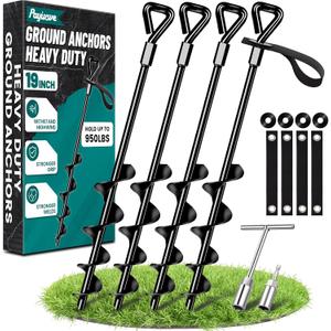 19-Inch Ground Anchors Heavy Duty, Trampoline Stakes Anchors Screw-in for High Wind, Earth Anchor with Strong Straps for Swing Sets, Trampolines, Mobile Home, Sheds, Carports(4x19in)