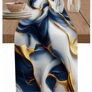 Marble Texture Table Runner 13x72 inch, Dark Blue White Fluid Art Dinning Table Runner for Farmhouse Wedding Party Barbecue Table Decor