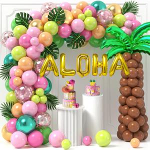 178Pcs Tropical Luau Balloons Arch Garland Kit Hawaiian Party Decorations with Coconut Balloon Tree, Aloha Foil Balloons, Palm Leaves, Kids Adult Summer Beach Pool Luau Birthday Party Decorations