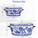 Blue and White Ceramic Planter Pot – Vintage Floral Oval Cachepot Vase for Indoor Plants, Flowers & Succulents – Glazed Chinese Porcelain Style Decorative Bowl – 7.4" and 10.6" Size – No Drainage
