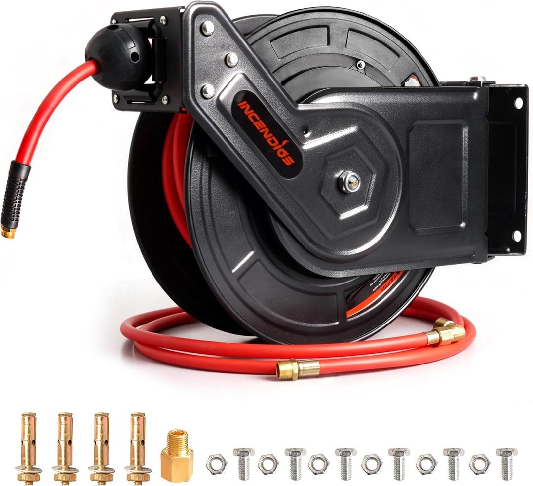Retractable Air Hose Reel, Auto Rewind 3/8" x 100 FT Hybrid Polymer Hose | Heavy-duty Air Compressor Hose Reel, 6.56 FT Lead-in, Max 300 PSI, 180° Swivel, Wall/Ceiling Mount for Garage, Home Studio