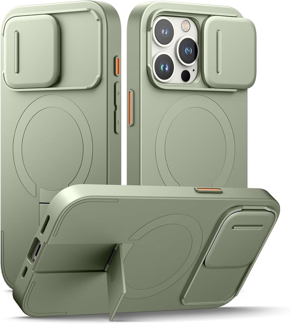 SURITCH for iPhone 15 Pro Case with Magnetic Camera Slide Cover and Adjustable Kickstand, Compatible with MagSafe, Shockproof Bumper Case Slim Protective Cover 6.1 Inch, Green