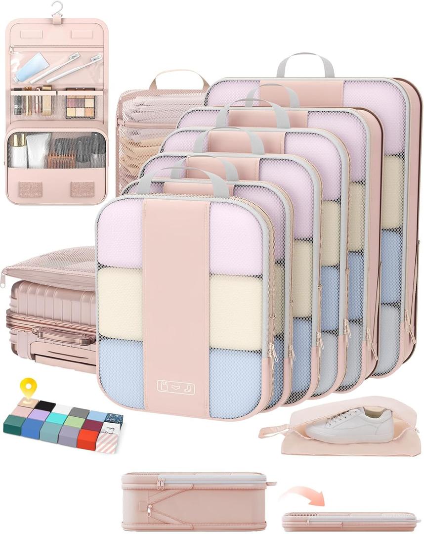 10 Set Compression Packing Cubes for Travel Gifts Women Mom,OlarHike Luggage Clothes Organizer for Travelers,Airplane/Cruise/Car/Train Travel Essentials,Compressible Expandable Saver Space Bags(Beige)