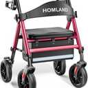 HOMLAND Rollator Walkers for Seniors with Seat, 8" All Terrain Wheels, Durable Aluminum Frame, Lightweight Foldable Walker with Ergonomic Seat, Height Adjustable Rolling Walker