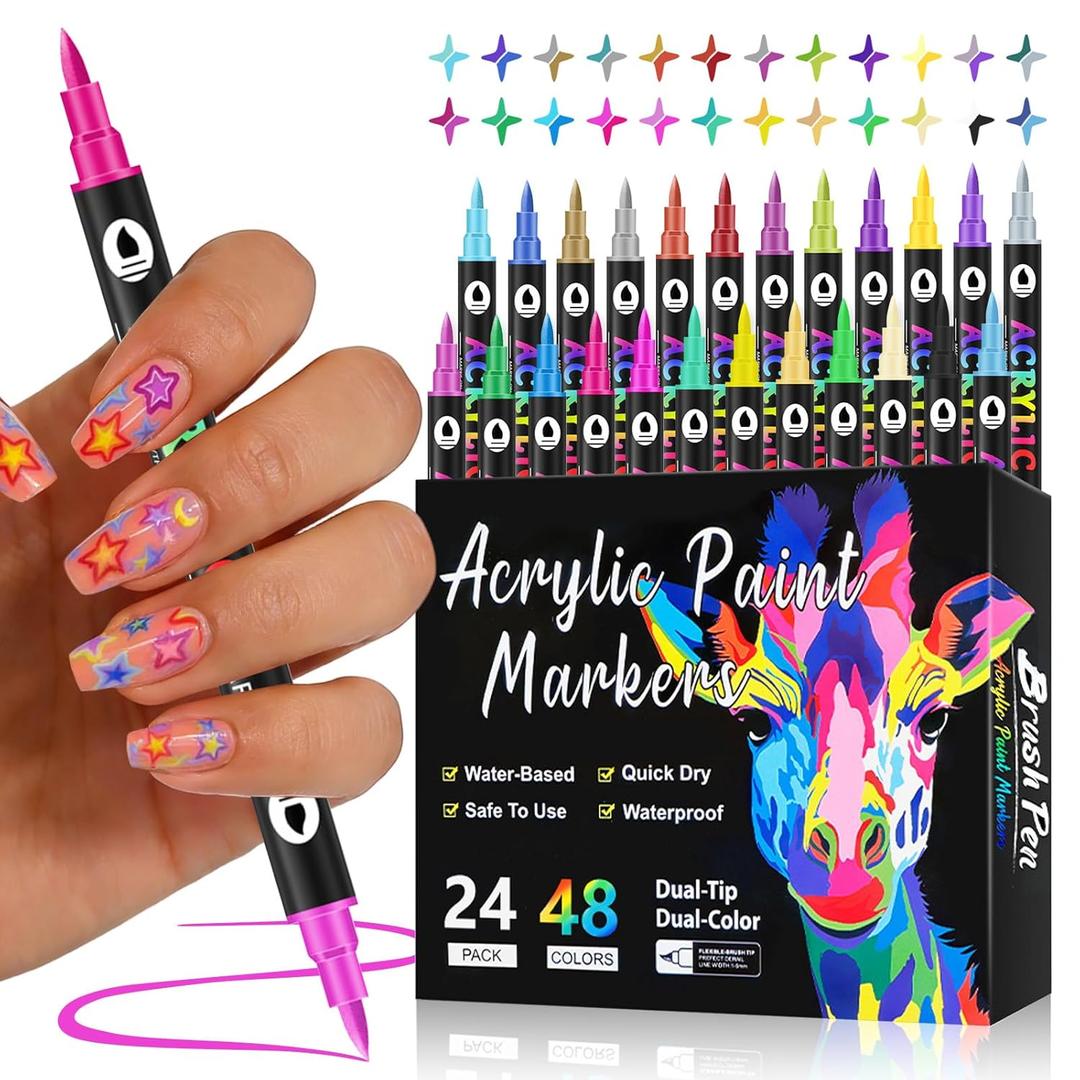 2026 Nail Art Pens for Painting Nails, 24 Pack 48 Colors Dual Tip Acrylic Paint Markers, Water-Based Quick-Dry Long Lasting Nail Art Markers, Acrylic Paint Pens for Home & Salon, DIY Crafts Draw Tool