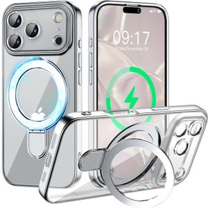 Magnetic for iPhone 17 Pro Case with Invisible Stand[Compatible with MagSafe][Full Camera Lens Protector][Military Drop Protection] Shockproof Not Yellowing Clear Slim Soft for Women Men (Silver)