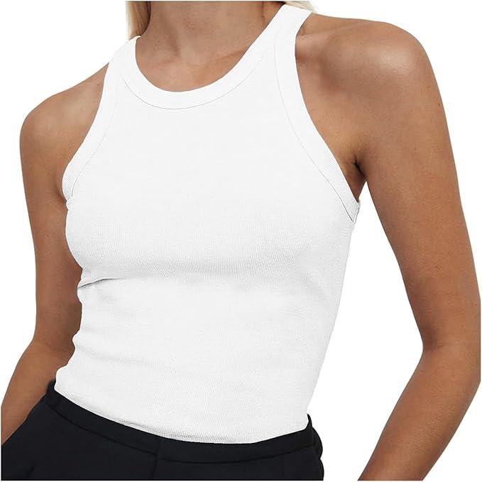 Women's Sleeveless Full Length Ribbed Fitted Racerback Crew High Neck Basic Tank Top
 S