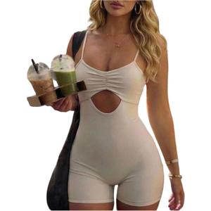 Verdusa Women's Hollow Out Romper Ruched Spaghetti Strap Backless Workout Short Jumpsuit (White, S)
