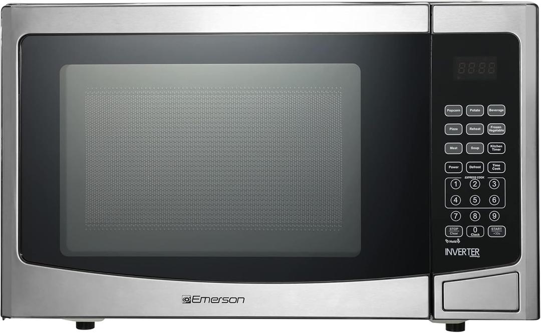 Emerson 1.2 Cu. Ft. Microwave Oven with Inverter, Timer & LED Display, 1000W, 10 Power Levels, 8 Pre-Programmed Settings, Removable Glass Turntable with Child Safe Lock, MWI1212SS, Stainless Steel