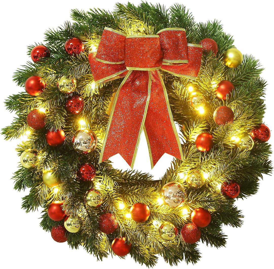 Lulu Home 16 Inch Pre-lit Christmas Wreath with Hook, Battery Operated Christmas Wreath Decorative Christmas Balls Hanging Ornament, Artificial Door Wreath 40 Clear LED Lights