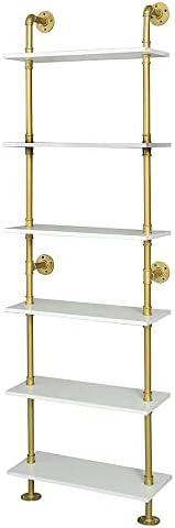 HEONITURE Industrial Gold Bookshelf-6 Tier Wall Mounted Ladder Bookshelf, Rustic Gold Storage Book Shelves Display Bookcases for Living Room/Home/Office