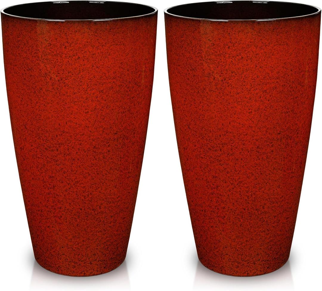 Hollyone Set of 2 Outdoor Tall Planter Plastic Pots for Plants Large Planters for Outdoor Indoor Plants with Drainage Hole 21" Gradient Red Glossy Tall Round Plant Pot Flower Pots Garden Decorations, 11.8"L x 11.8"W x 21.2"H