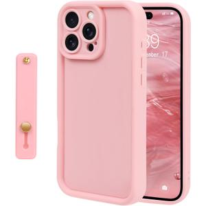 NITITOP Compatible with iPhone 16 Pro Case Cute Simple Design Stylish Enhanced Camera Protection with Wrist Adjustable Hand Strap Kickstand Grip Holder Touch Soft Protective Cover - Pink